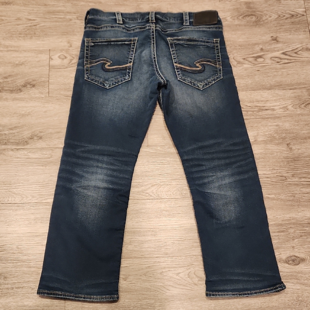Men's Silver Jeans Dark Blue Straight Jeans Size 36x30